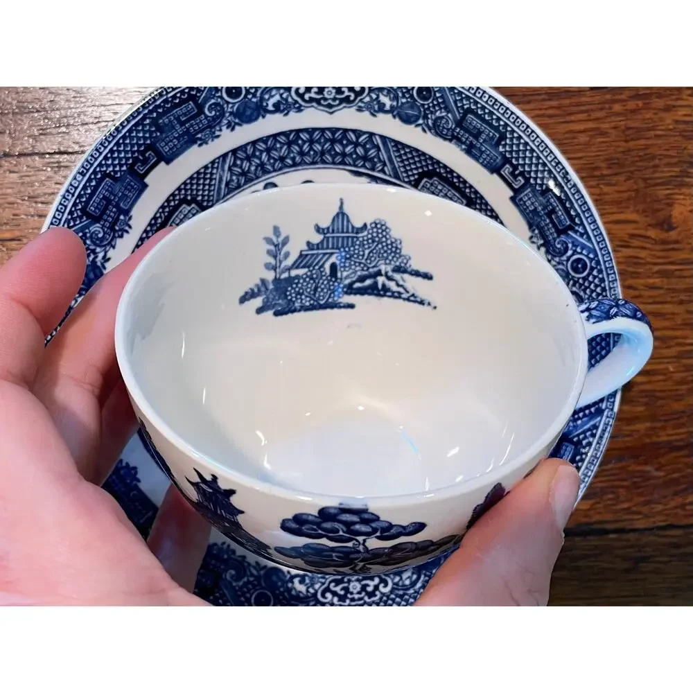 Vintage Johnson Bros. Willow Chinoiserie Teacup & Saucer, Blue, White, Set of 7
